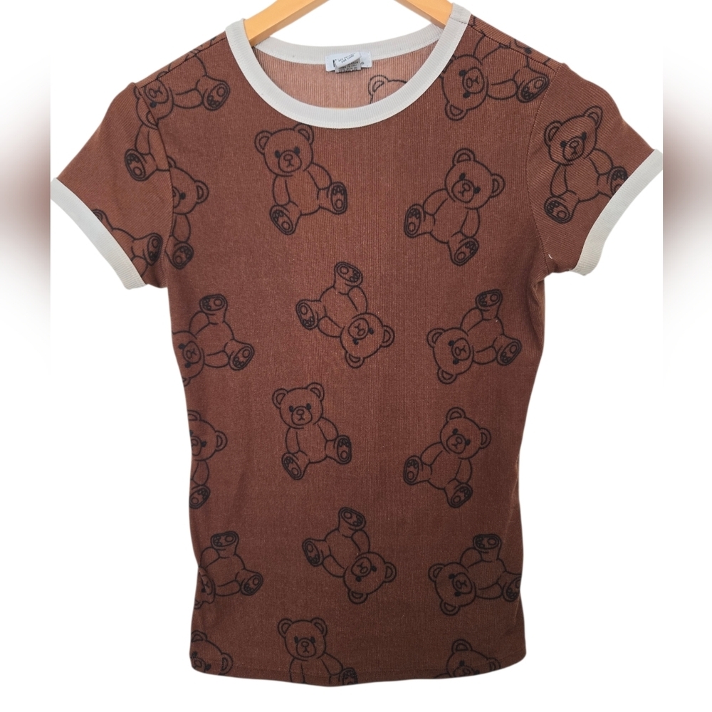 Y2K Rue21 Teddy Bear Baby Tee Women’s Medium Brown Ringer Graphic Top